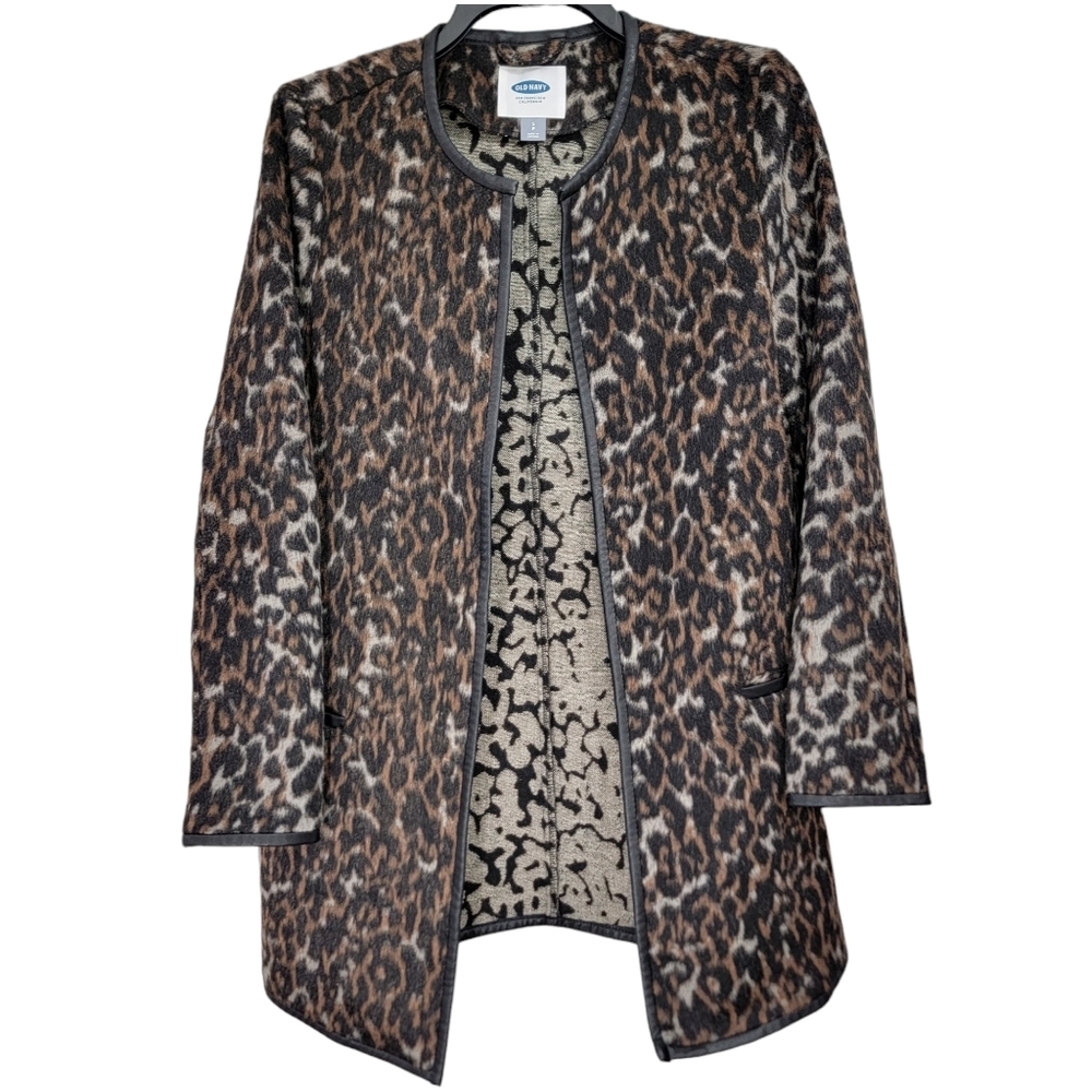 Old Navy Faux Fur Animal Print Faux Leather Trim Open Coatigan Size Small Womens